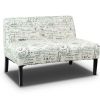 Modern Loveseat Sofa: Off-White Cursive Pattern & Black Legs