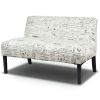 Modern Loveseat Sofa: Off-White Cursive Pattern & Black Legs