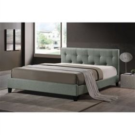 Queen Size Platform Bed: Gray Linen Upholstered with Headboard