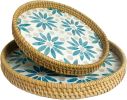 Boho Coffee Table Tray: Round Woven Rattan with Mother Of Pearl Inlay