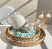 Boho Coffee Table Tray: Round Woven Rattan with Mother Of Pearl Inlay