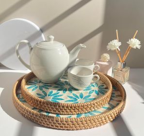 Boho Coffee Table Tray: Round Woven Rattan with Mother Of Pearl Inlay (Color: Blue)