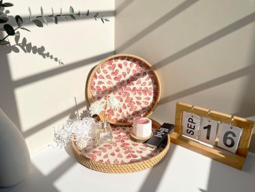 Boho Coffee Table Tray: Round Woven Rattan with Mother Of Pearl Inlay (Color: Pink)