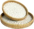 Boho Coffee Table Tray: Round Woven Rattan with Mother Of Pearl Inlay