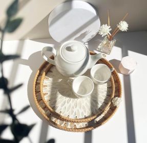 Boho Coffee Table Tray: Round Woven Rattan with Mother Of Pearl Inlay (Color: White)